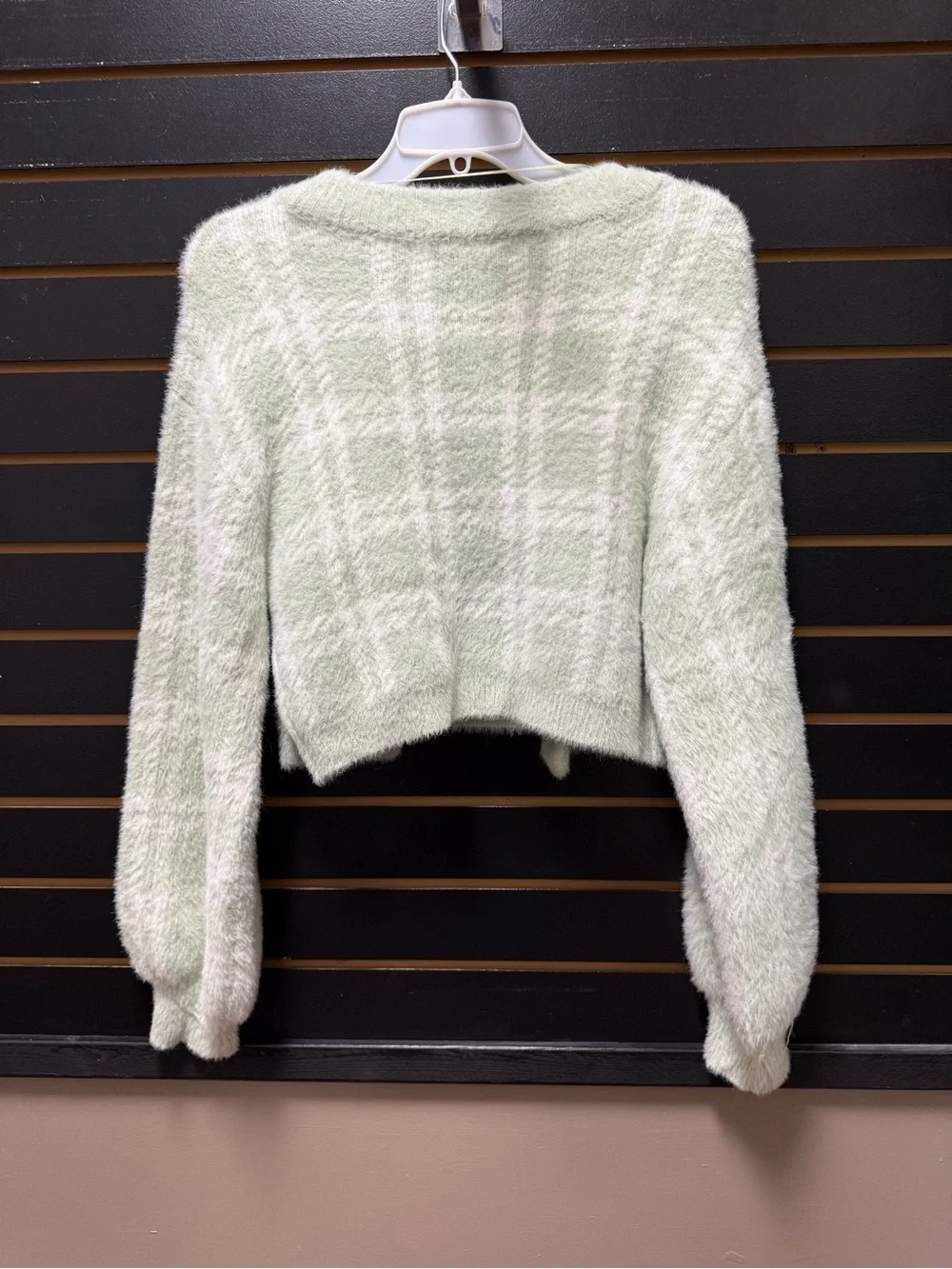 Kendall + Kylie 2 Piece Fuzzy Cardigan & Cami Set Mint Green Plaid Small